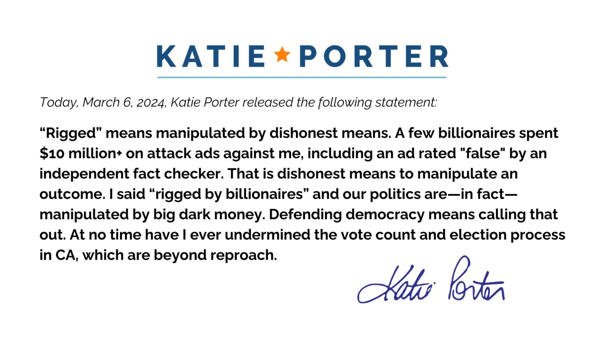 Democratic Congresswoman Katie Porter claimed that the election was "rigged," after losing Senate race to Adam Schiff and Steve Garvey