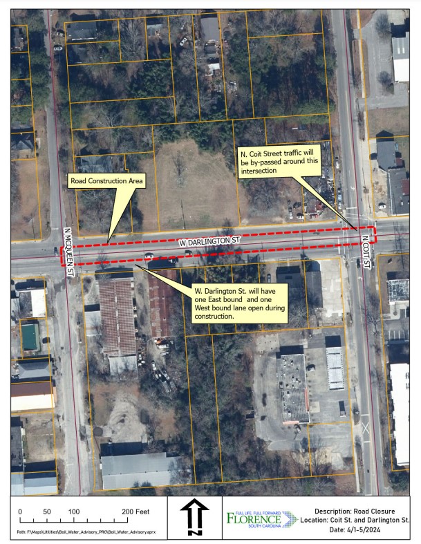 The City of Florence will temporarily close the intersection at Coit and Darlington to both northbound and southbound traffic from April 1, to April 5