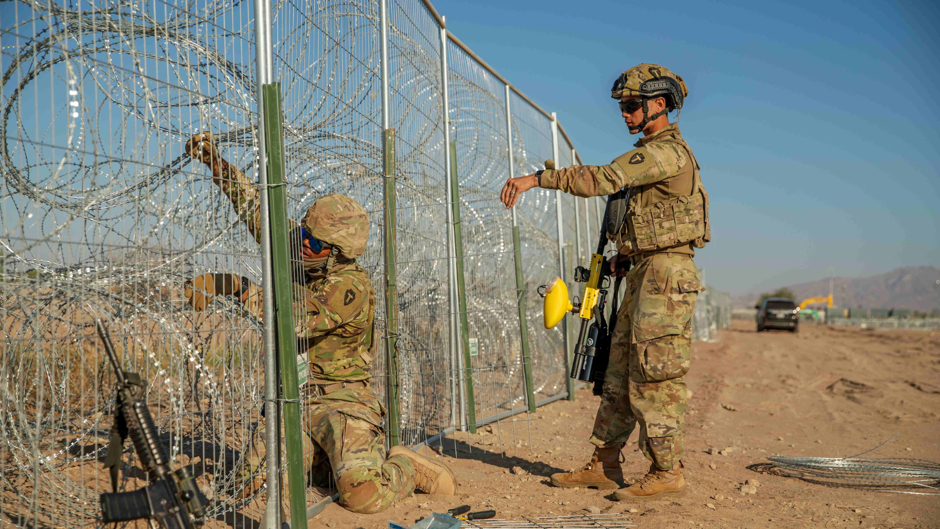 Texas National Guard soldiers are equipped with non-lethal pepperball ammunition to combat illegal immigrants who use trains to get into Texas