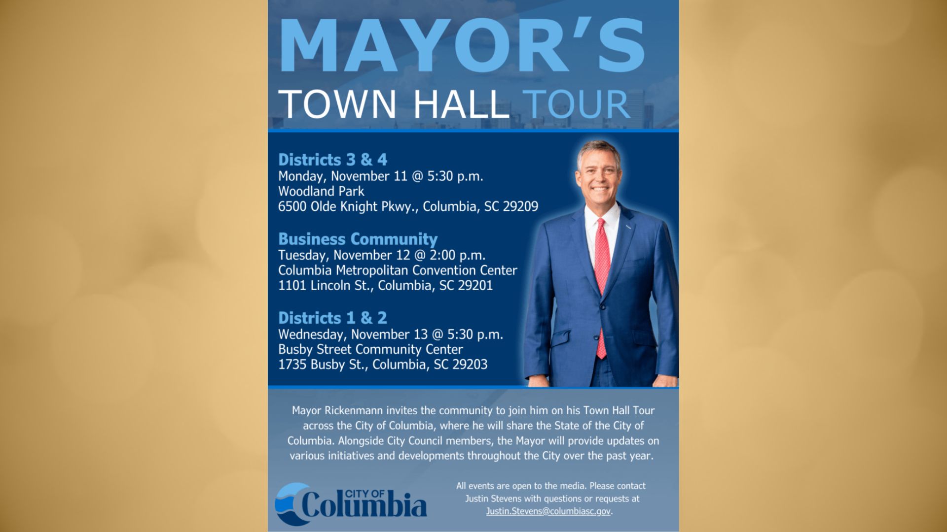 Columbia Mayor Daniel Rickenmann is about to begin his second Town Hall Tour across Columbia with three events set to take place next week
